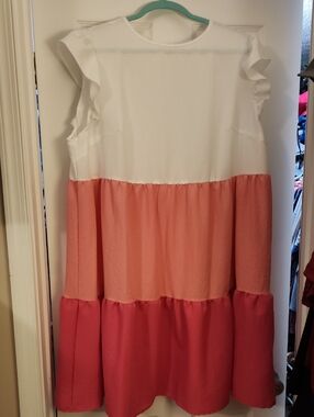SHEIN Womens White, Coral and Dark Coral Tiered Ruffle Sleeve Dress.NWT